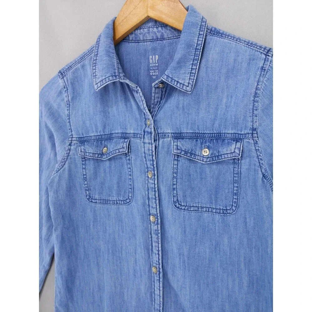 Gap Denim Shirt Dress Kids XL Blue Long Sleeve Button Front Chambray Pocket